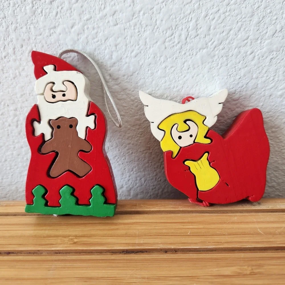 Vintage Lot of 2‎ Wood Jigsaw Puzzle Christmas Ornaments Santa Claus Angel